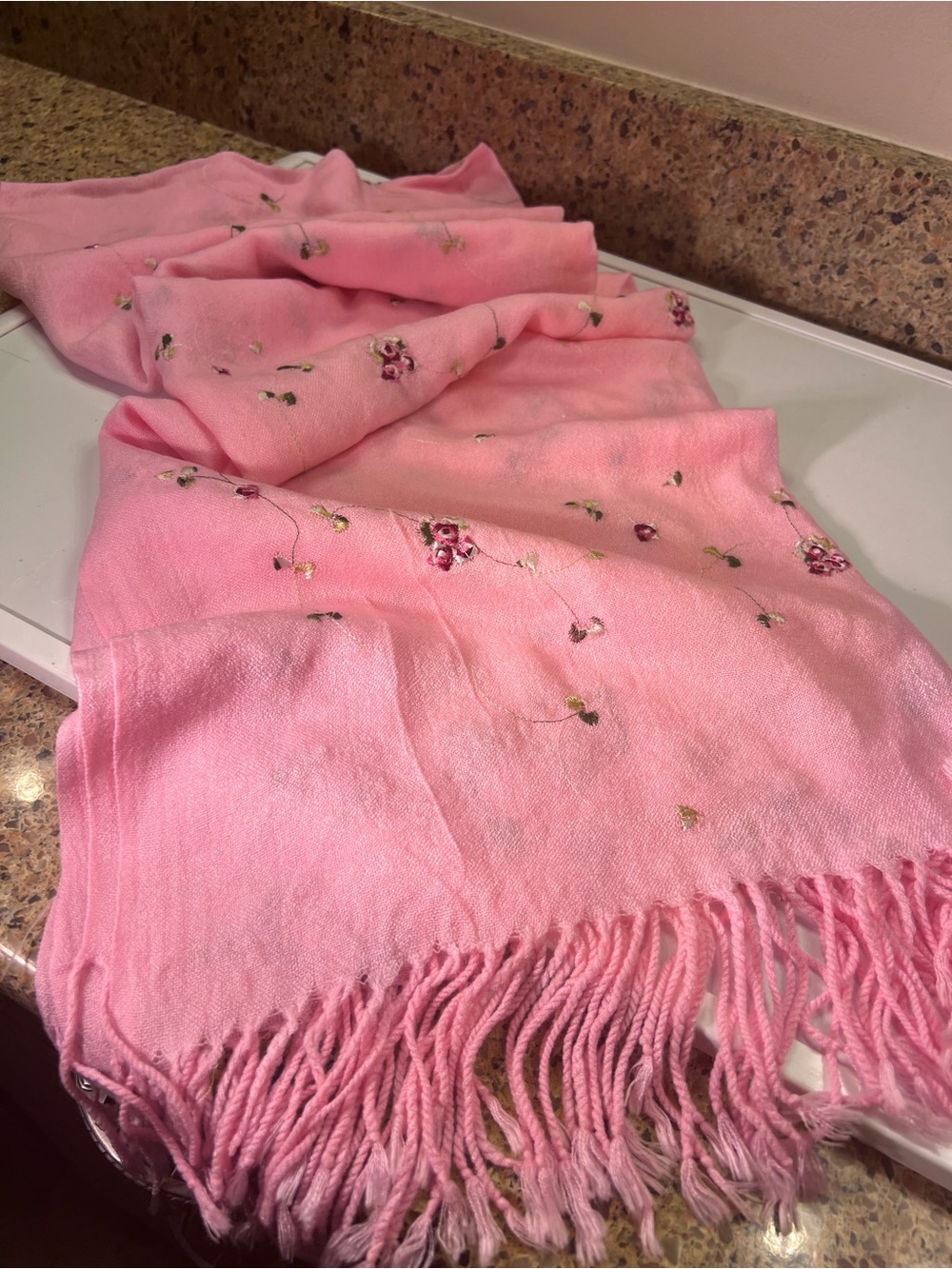 Pink Floral Embroidered Fringe Scarf - Women's Lightweight Wrap